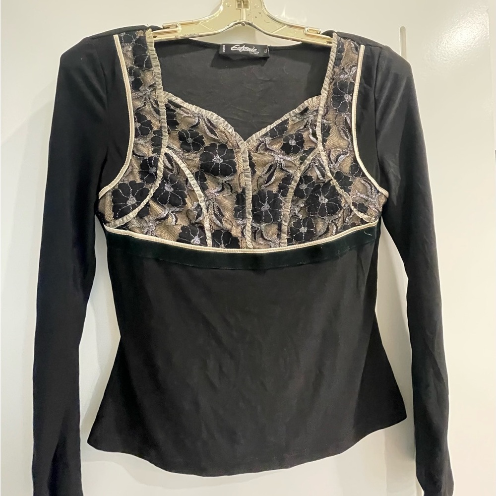 Elegant Black Embellished Bustier Long Sleeve Blouse